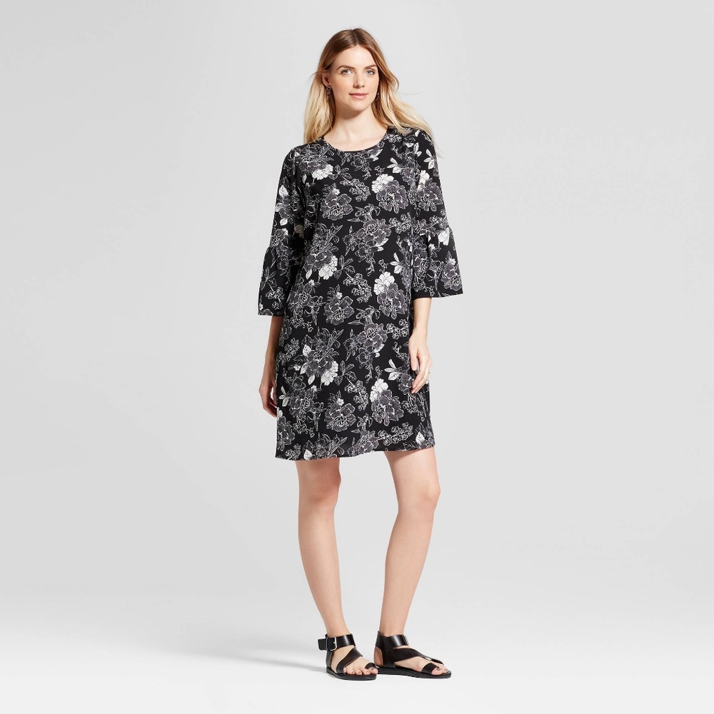 Isabel Maternity Bell Sleeve Floral Black Dress